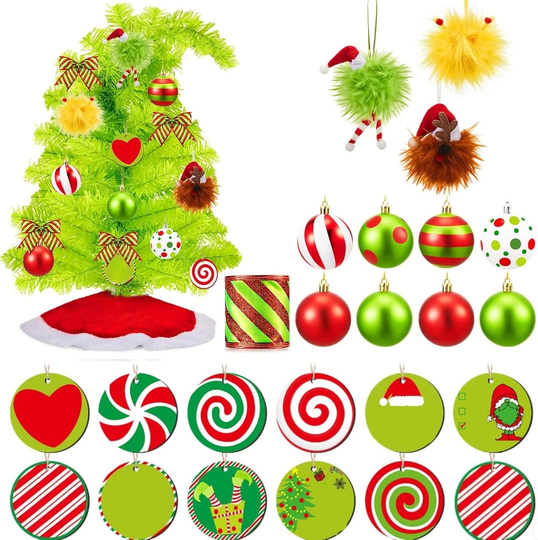 Syhood 1.5ft Tabletop Bendable Christmas Tree 18" Mini Whimsical Small Christmas Lime Green Bent Top Artificial Desktop Xmas Tree with LED Lights and Holiday Ornaments(Lime Green)