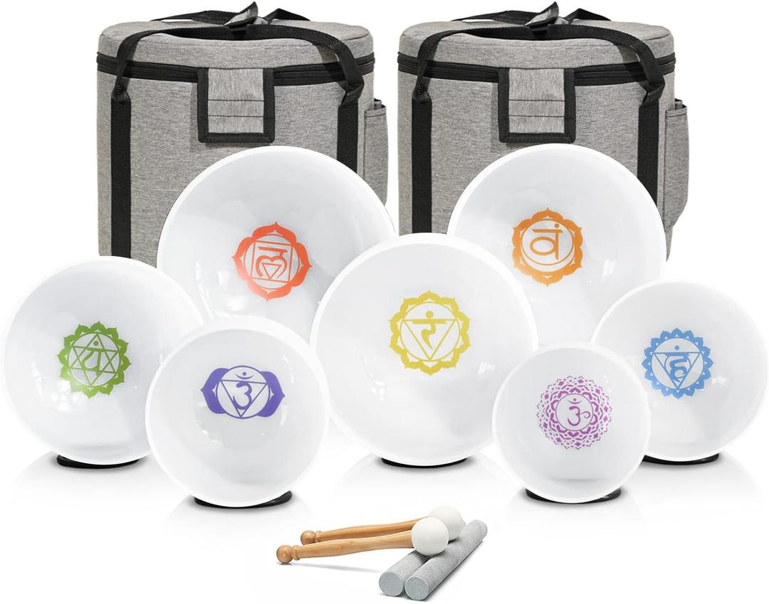 432HZ 7-12 Inch Chakra Symbol Design Frosted Quartz Crystal Singing Bowl with 2 PCS Travel Carry Case Bag for Sound Healing