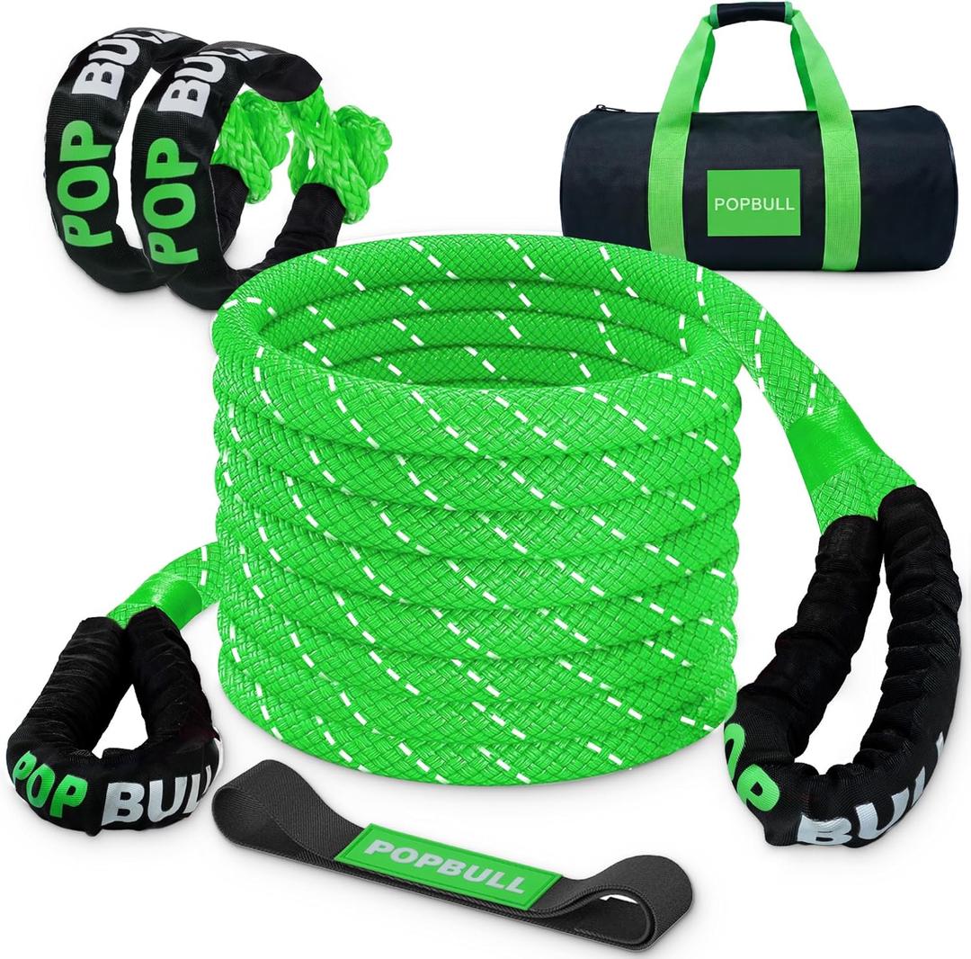 Kinetic Recovery Rope,(1in x 30ft Green) 48,500lbs Snatch Strap, Heavy Duty Stretch Nylon Towing Ropes with 2pcs Soft Shackles for Off road Vehicle, Jeep, SUV, ATV, Tractor Elastic Ropes Kit
