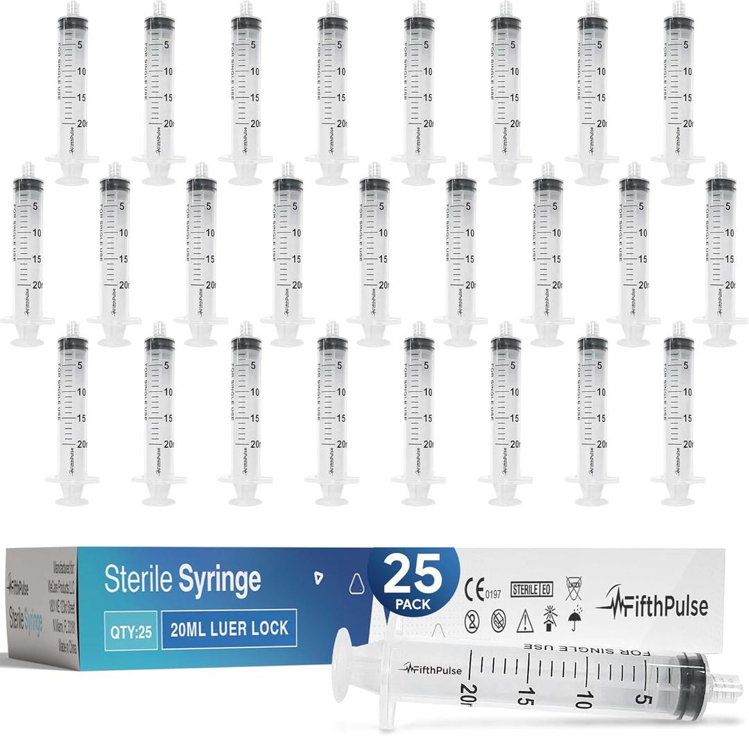 20 ml Syringe without Needle - 25 Pack of Individually Wrapped Disposable Syringes - Good for Medical, Scientific Lab, Home Use, and More - Sterile Luer Lock Syringes