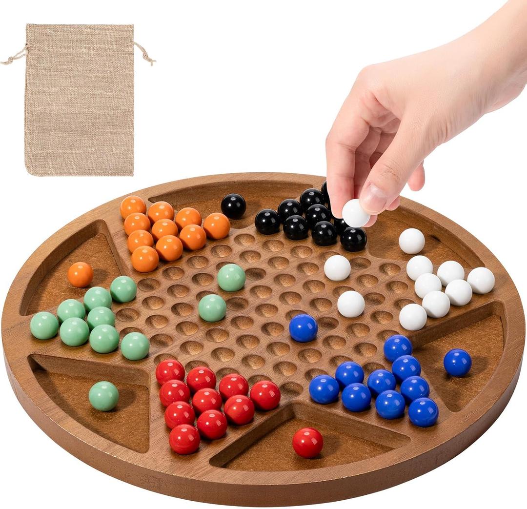 12-Inch Wooden Chinese Checkers Set - Classic Round Design with 60 Acrylic Marbles in 6 Vibrant Colors - Includes 12 Bonus Spare Marbles - Family Strategy Board Game for Kids and Adults