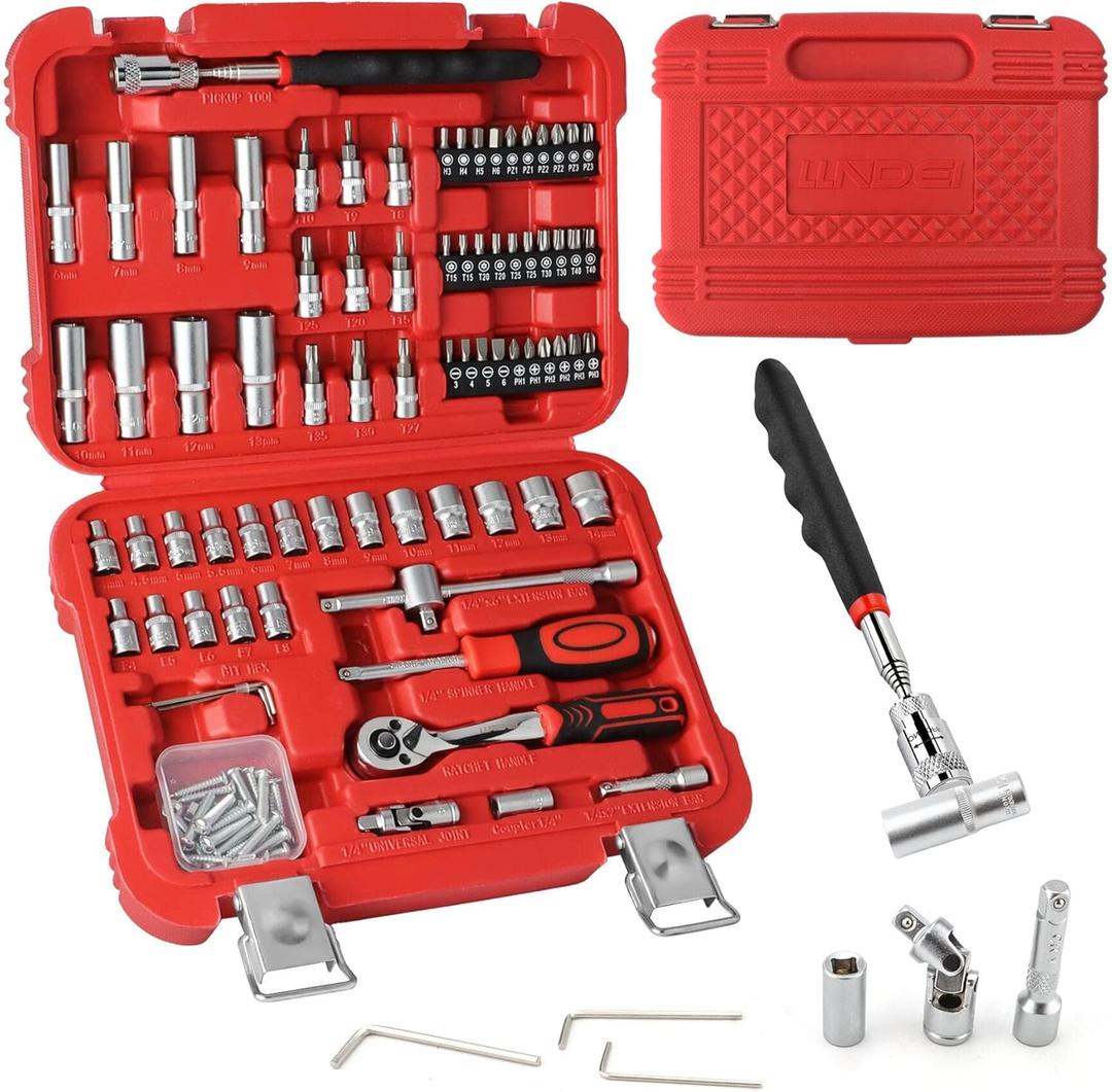 LLNDEI 106PCS 1/4-inch Drive Socket Set with Wrench, CR-V Steel Kit, Ratchet Handle, Screwdriver Bit Set & Magnetic Pickup Tool, With 11x8x2.5-inch Carrying Case LLNDEI 106PCS 1/4-inch Drive Socket Set with Wrench, CR-V Steel Kit, Ratchet Handle, Screwdriver Bit Set & Magnetic Pickup Tool, With 11x8x2.5-inch Carrying Case