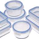 Amazon Basics Leak-Proof Glass Locking Lids Food Storage Containers, 14-Piece Set, 7 Count of Bases and 7 Plastic Lids, Clear, Blue, BPA Free