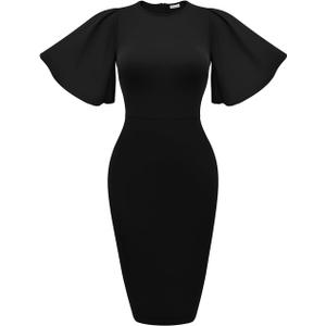 Memoriesea Women's Basic Bodycon Ruffle Flared Short Sleeve Pencil Midi Dress (Small, Black)