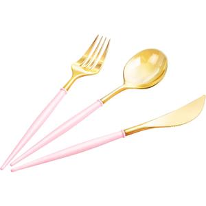 Lullaby 150PCS Gold Plastic Silverware - Disposable Flatware with Pink Handle, Includes 50 Knives, 50 Forks, 50 Spoons, Utensils Plastic disposable for Wedding, Party and Mother's Day
