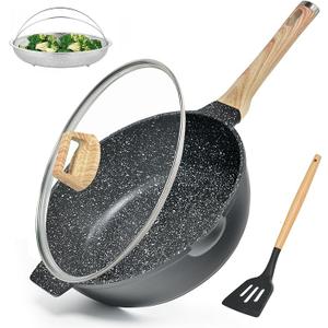 Non Stick Deep Frying Pan with Lid and Strainer, 12 In / 5.5 Quart Saute Pan, Granite Chef Pan Skillet Nonstick for Cooking, 100% PFOA Free Non Toxic Fry Pan for All Stove top Gas Induction