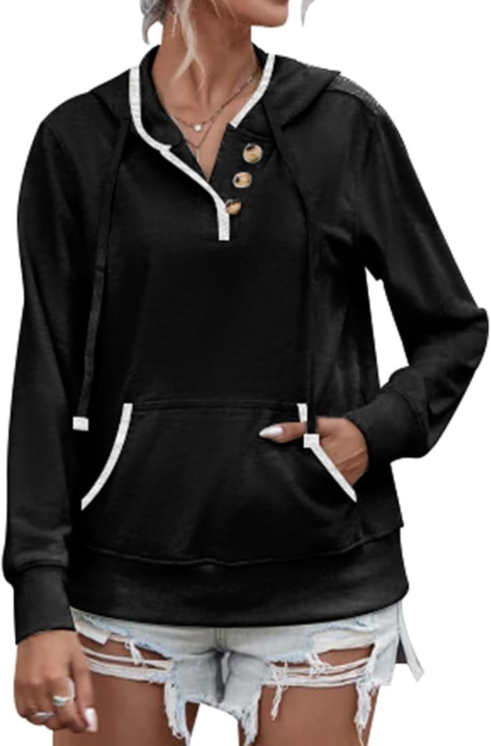 Women's Hoodies Casual Long Sleeve Hooded Sweatshirt Button Collar Drawstring Sweatshirt Pullover (Black, XL)