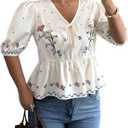 SOLY HUX Women's Floral Print Tie Front V Neck Summer Peplum Blouse Half Sleeve Boho Babydoll Shirt Tops (Large)