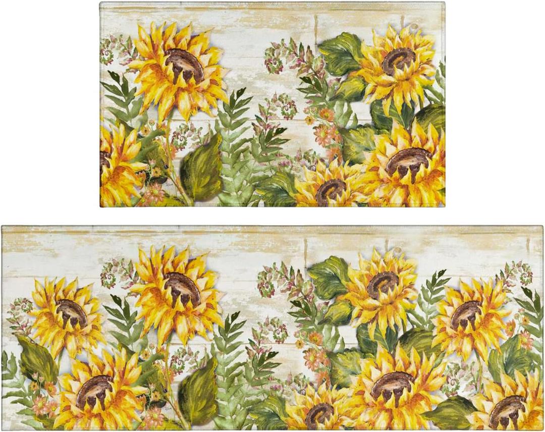 Sunflower Farmhouse Kitchen Rugs Set 2 Piece Colorful Summer Flowers Decorative Rug for Kitchen Low-Profile Floor Mats Decorations for Home Kitchen (17"x48"+17"x30")