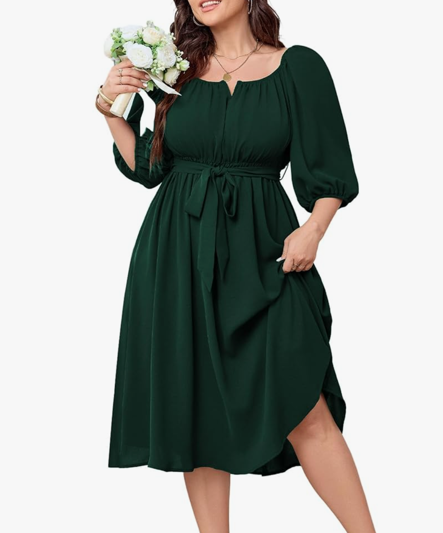 SCOMCHIC Women Plus Size Midi Dresses Puff Short Sleeve Square Neck Wedding Guest Elegant Flowy Belted A Line Dress 1 XL