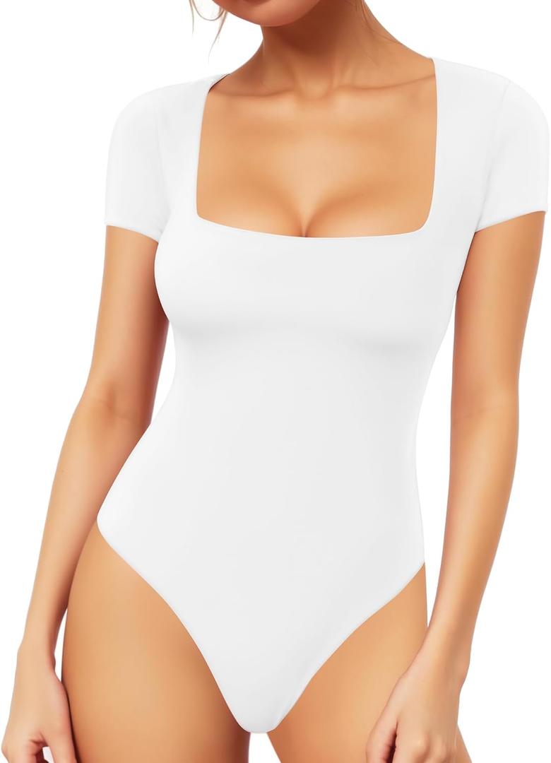 MANGOPOP Women's Square Neck Short Sleeve Long Sleeve Bodysuit Sexy Body Suits Shirt Slim Fitted Tops (Large)
