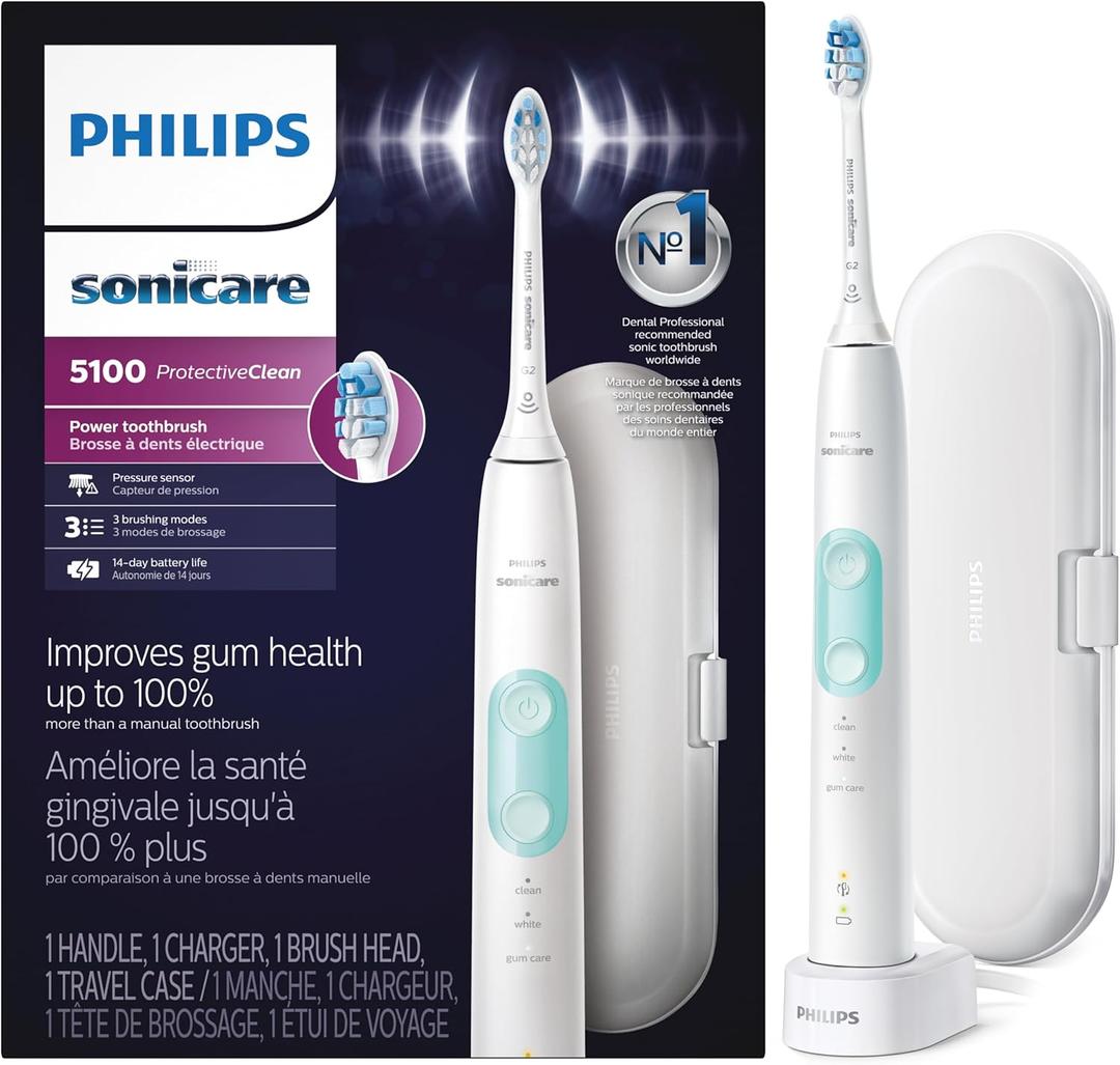 Philips Sonicare ProtectiveClean 5100 Rechargeable Electric Toothbrush, with Pressure Sensor, 3 Cleaning Modes, SmarTimer and QuadPacer, 14-Day Battery Life, Travel Case, White, Model HX6857/11 (1 Count (Pack of 1))