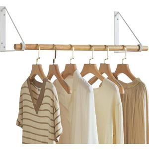 IBUYKE Wall Mounted Clothes Rack, Wood Wall Mounted Clothes Rail, Space-Saving Hanging Closet Rod, Modern Wardrobe Coat Rack for Entrance, Wall, Door, Bathroom, Bedroom, White TYJ005W