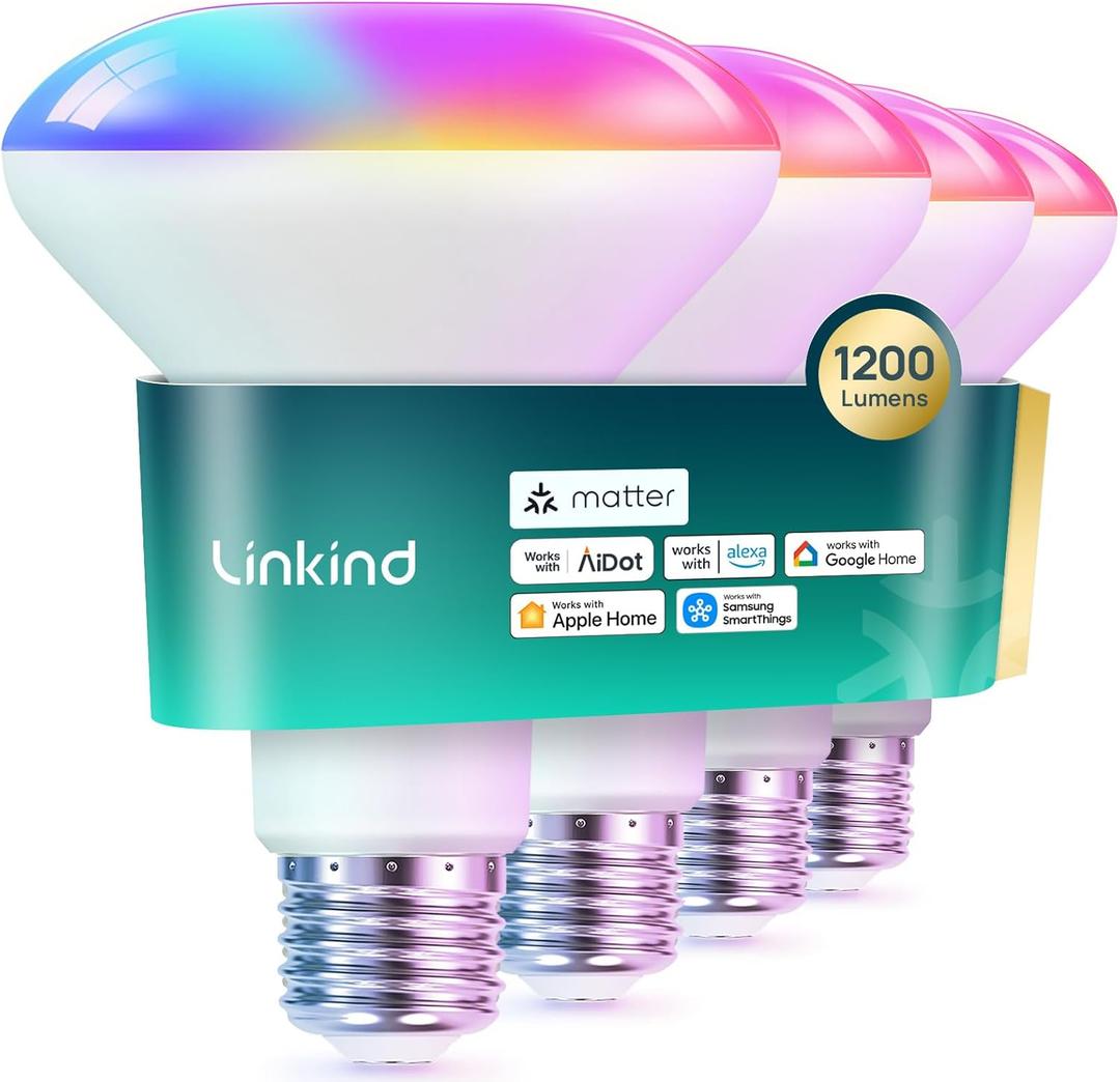 Linkind Matter Smart Light Bulb,1200LM 85W BR30 Smart Flood Light Bulbs Work with Alexa, Apple Home, Google Home, RGBTW Recessed Color Changing Bulbs E26, 2.4GHz Only WiFi Light Bulbs LED, Pack of 2