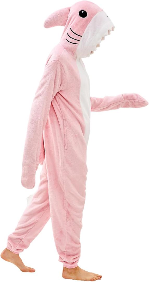 Unisex Adult Animal Onesie Pajamas Slim Fit Halloween Costume One Piece Sleepwear Homewear Cosplay Suit (Large, Pink Shark)