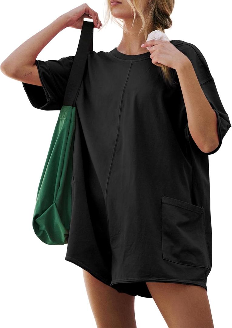 GTETKDE Rompers for Women Casual Short Sleeve Oversized Athletic Jumpsuits Workout Hot Shot Tee Romper Overalls with Pockets (X-Small, Black)