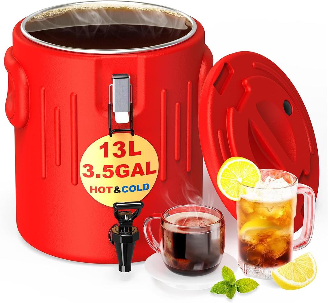 Insulated Beverage Dispenser 3.5 Gallon- Ice and Hot Drink Dispenser with 304 Stainless Steel Interior and Spout, Portable Hot Water Dispenser, Outdoors Cooler Jug for Camping Party Sports, 13 Liter