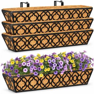Y&M 4Pcs 30'' Railing Planter Box Set with Coconut Coir Liner, Flower Boxes with Adjustable Brackets, Large Metal Hanging Window Boxes for Fence, Deck, Balcony, and Outdoor Garden