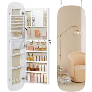 SONGMICS Jewelry Organizer, LED Jewelry Cabinet Wall/Door Mounted, Lockable Rounded Wide Mirror with Storage, Interior Mirror, Gift for Mom, 3.9 x 16.5 x 55 Inches, White Surface with Greige Lining