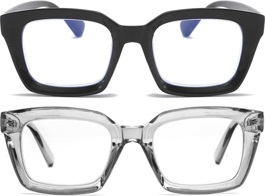 REAVEE 2 Pack Oversized Reading Glasses for Women Men Blue Light Blocking, Ladies Stylish Retro Square Large Computer Readers (Black/Grey 2.0x)