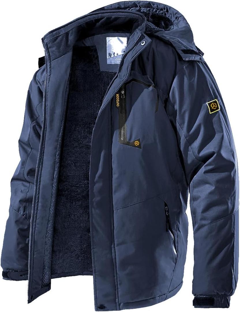 Men's Winter Ski Jacket Warm Fleece Waterproof Outdoor Mountain Hiking Windbreaker Hooded Snow Rain Coat (Medium, Navy Blue)