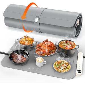 Food Warming Mat, Electric Buffet Warmer with 6 Temp & 6H Timer, Rapid Even Heating for Plates & Entrees, Roll-Up Heat Insulating Pad Protects Countertops, for Parties, Holiday Gatherings