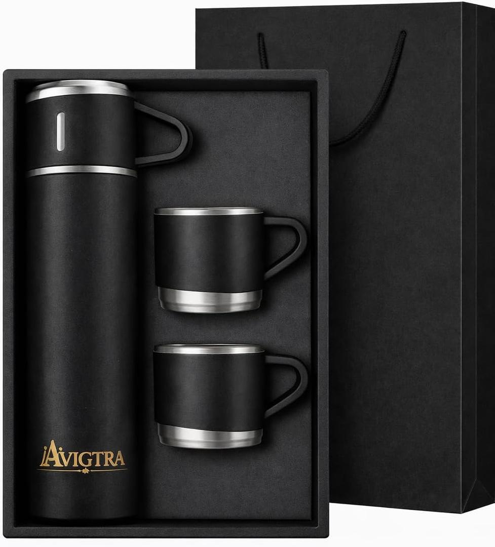 500ml Stainless Steel Vacuum Insulated Water Bottle Gift Set, 1 Bottle with 3 Cups, Double Wall Insulated Bottle for Hot & Cold Drinks Travel, Camping (BLACK)