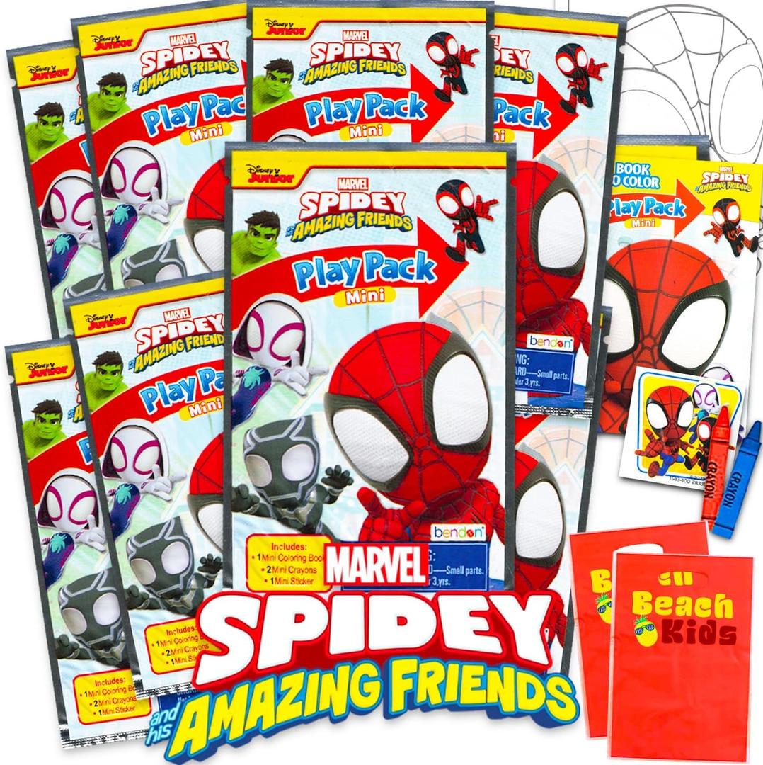 Marvel 8 Pc Spidey and His Amazing Friends Mini Party Favors Set - Bundle 8 Play Packs with Mini Coloring Books, Stickers, and Goodie Bags | Spidey Birthday Party Supplies Decorations