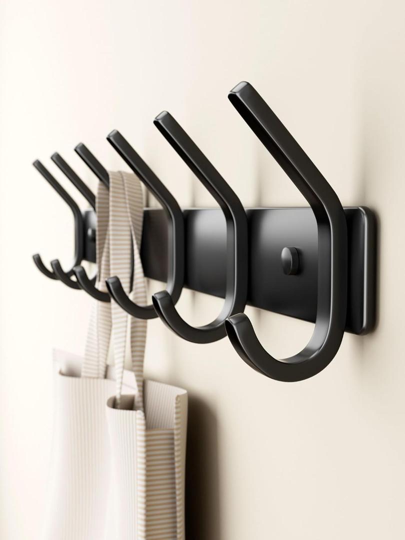 Coat Rack Wall Mount Hooks - 15 Inch Matte Black Metal 6-Hook Organizer Wall Mounted, Modern Kids Room, Entryway & Bathroom Hanger for Beach Towels, Coats, Purses, Bags (1 Pack)
