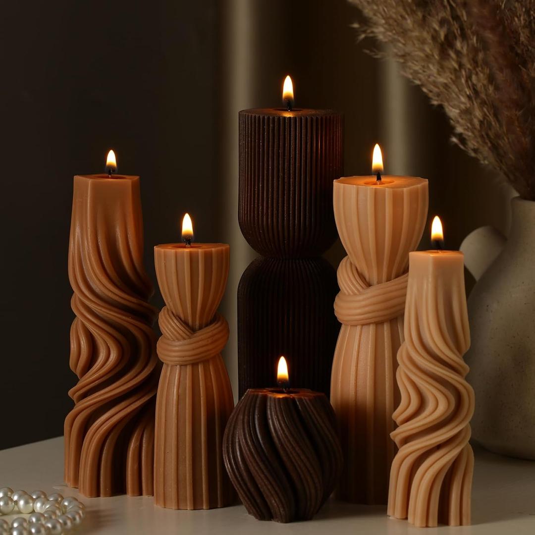 6 Pcs Pillar Candles Decorative Modern Aesthetic Ribbed Candle Set Cute Soy Wax Scented Ribbed Decor Valentine's Commemorative Gift for Home Decoration(Brown,2.36-6.89 Inch)