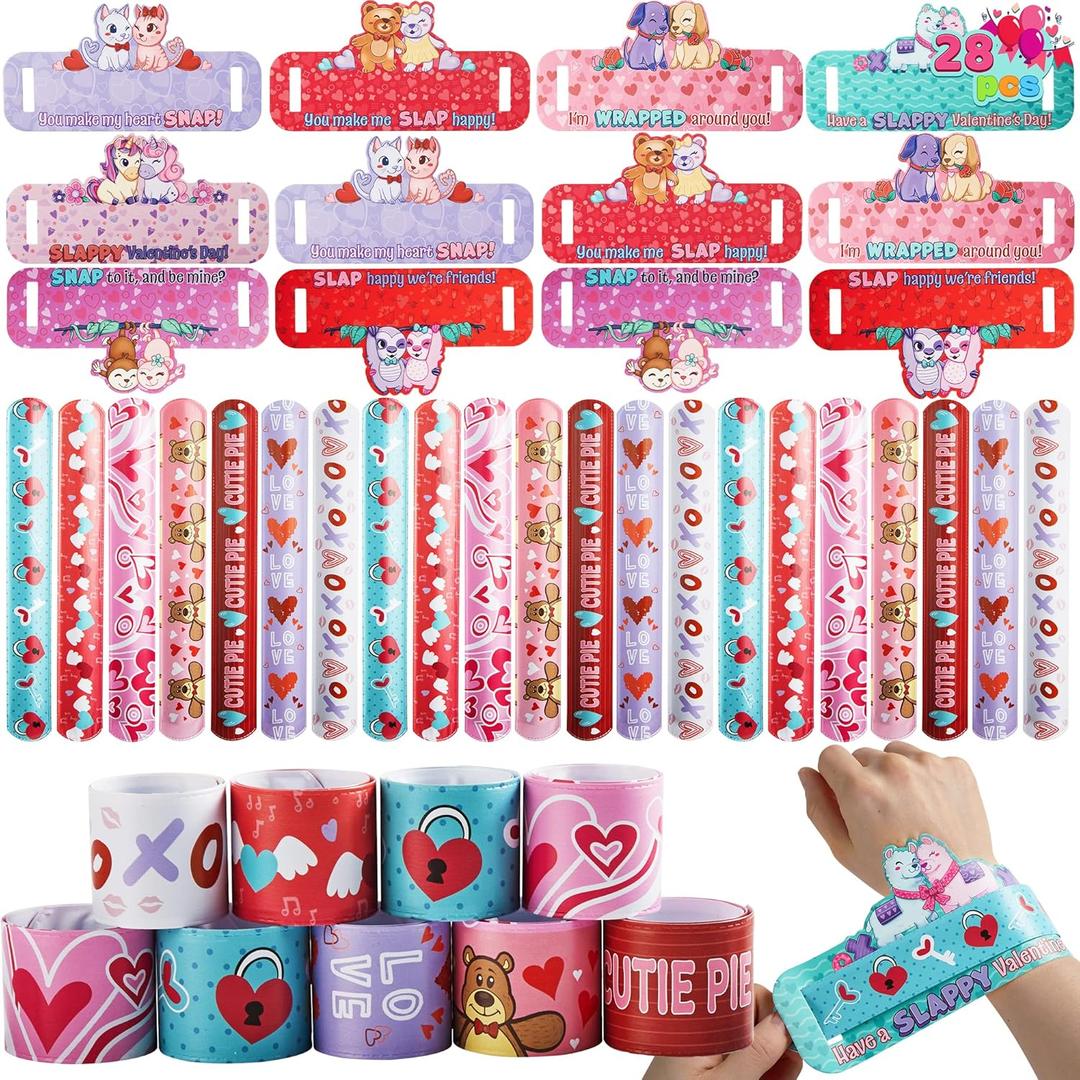 JOYIN 28 Valentine's Day Gifts Cards with Slap Bracelet, Animal Heart Snap Bracelet Wristband for Kids, Valentine's Party Favors, Classroom Exchange, Game Prizes