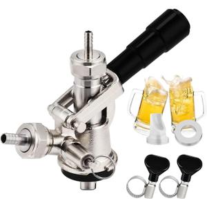European Sankey S System Keg Coupler, 1/4'' Beer Barb Stainless Steel Probe Brass Body 5/16'' Gas Tailpiece Draft Kegerator Tap Dispenser with Safety Pressure Relief Valve Brewing Hose Clamp