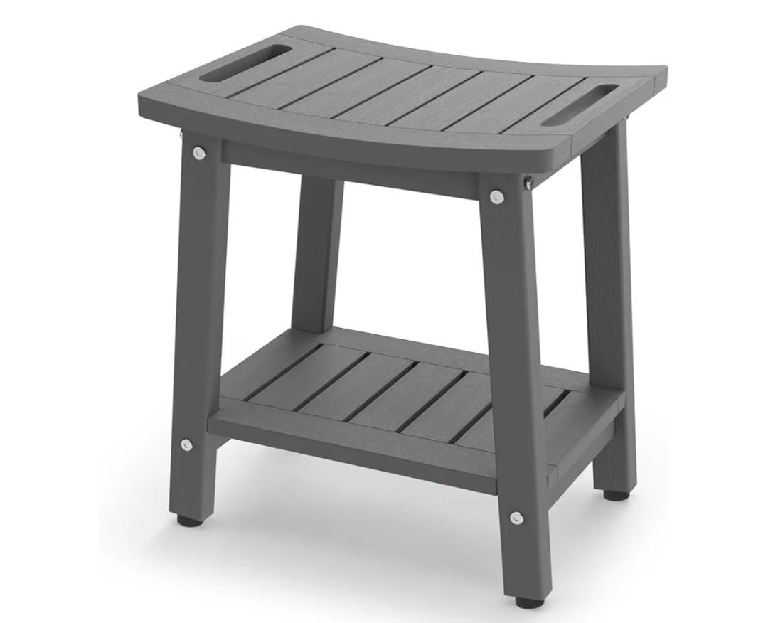 Shower Bench for Inside Shower - Grey HDPE Shower Stool Waterproof - Spa Bathroom Seat Chair with Handle, Storage Shelf, Adjustable Feet - Indoor/Outdoor, Weather Resistant Brown