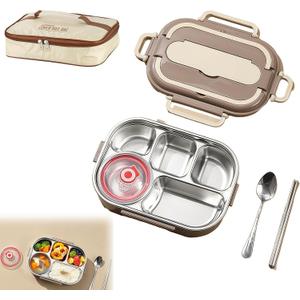 Adult Lunch Box Set, Five Compartments, Stainless Steel Construction, Easy to Clean, Heats Food by Adding Hot Water.