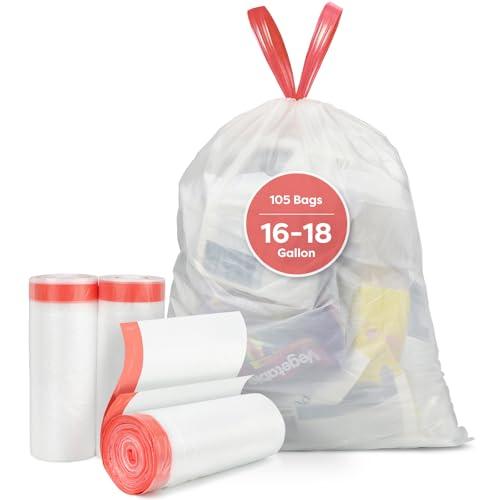 Holuwiso Pre-Separated 16-18 Gallon Trash Bags Drawstring, Clear, Size M, Tear Free Large Garbage Bags for Kitchen, 105 Count Tear-Resistant Strong Plastic Compactor Bag for Office Lawn