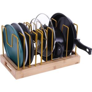 Bamboo Pot Lid Organizer Pot Lid Holder, Pot and Pan Organizer Drawer Organizer for Pot Lids, Pans, Cutting Boards & Baking Sheets, Dinner Plates, Reusable Containers in Cabinet Storage