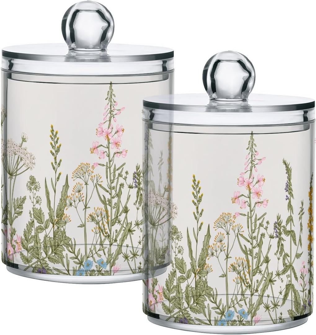 Qtip Holder with Lid Set, 10oz Clear Glass Canister Apothecary Jars Bathroom Organizers Storage Accessories Vanity Containers Wild Flowers Botanical,2 Pack