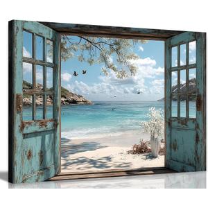 Window Beach canvas Wall Art Blue Coastal Ocean Windows Sea View Paintings Pictures Wall Decor Fake Window Frame Seascape Style Poster Printing Artwork for Living Room Bathroom Home Decoration, 24"L x 16"W
