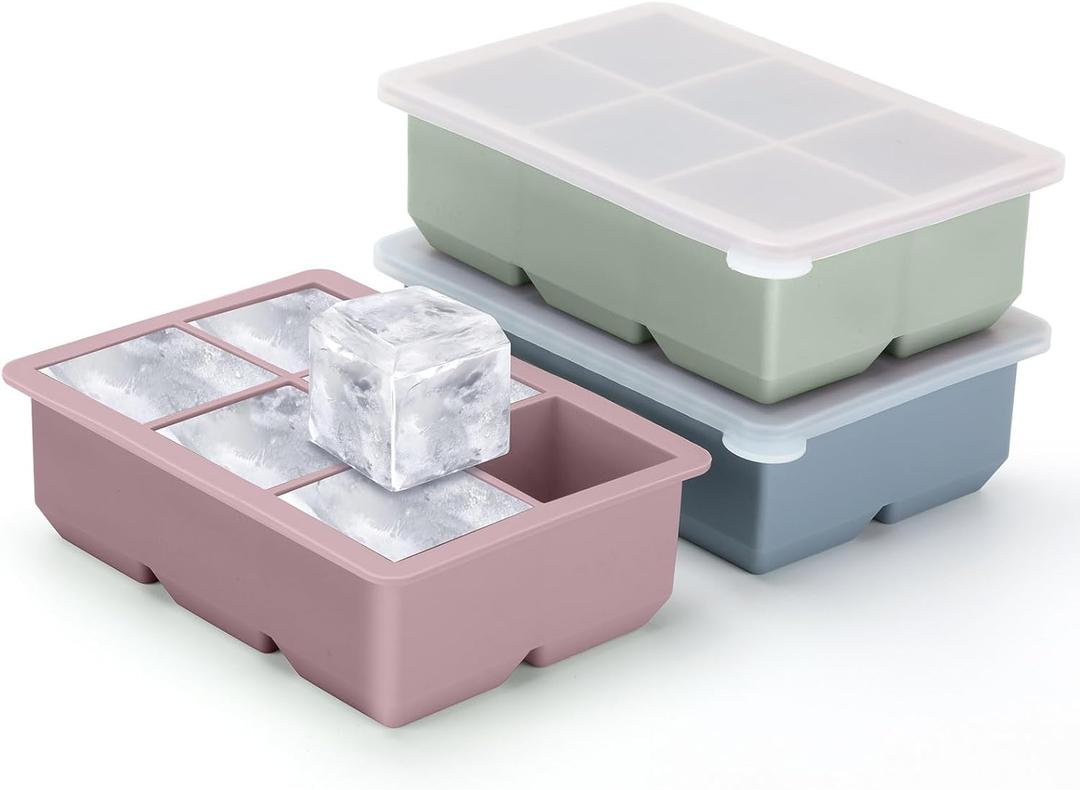 Excnorm Silicone Ice Cube Trays 3 Pack - Large Size Silicone Ice Cube Molds with Leak Proof Removable Lid Square Ice Cube Tray And BPA Free for Cocktail, Whiskey, Stackable Flexible Ice (Blue Pink Green)