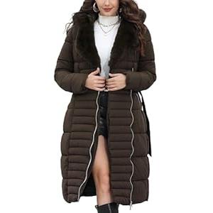 Bellivera Women's Puffer Jacket Lightweight Quilted Hooded Long Down Alternative Coat with Fur Collar AG6-28 Coffee L