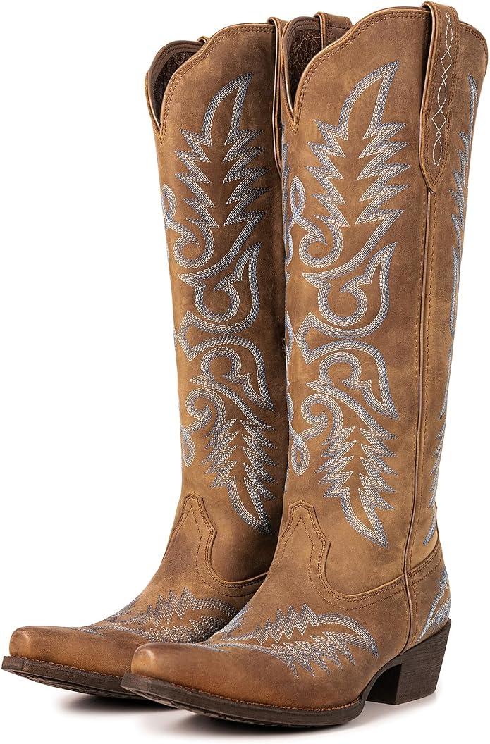 Montana West Cowboy Boots for Women Knee High Calf Cowgirl Boots Zippered Casual Boots Retro Pointed Toe with Chunky Heel for Concerts & Parties 9.5B