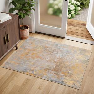 Entryway Rug 2x3 Beige Gold Door Mat Indoor Entrance 24x36, Washable Small Throw Rugs for Kitchen Floor, Entry, Front Door, Bedroom Bedside, Non-Slip Low Pile Stain & Fade Resistant, Abstract