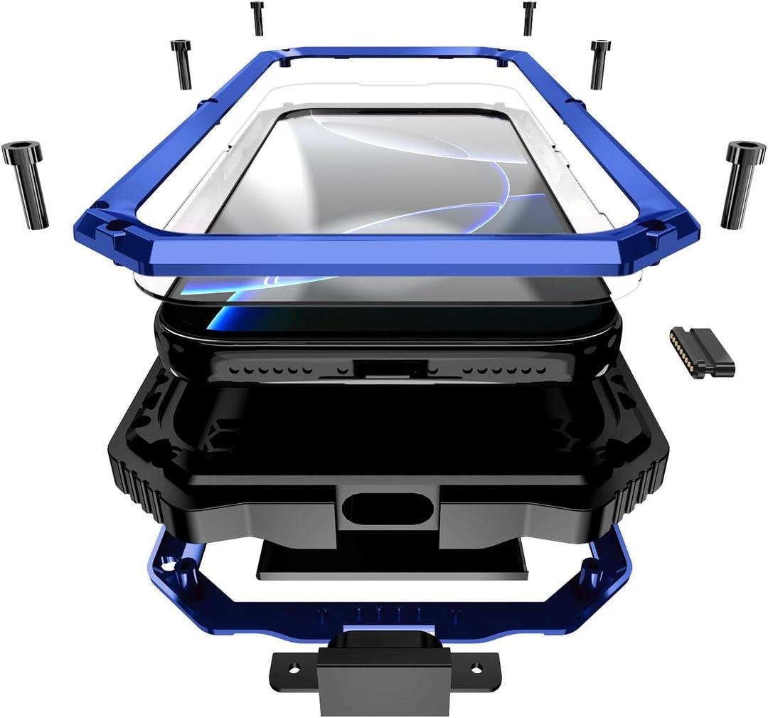 Heavy Duty Metal Phone Case for iPhone 17 Pro Max Aluminum Silicone Armor Full Body Tough Rugged Military Grade Cover with Camera Control Stand Dustproof Shockproof Outdoor Blue