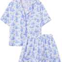 Women Easter Pajamas Set Cute Bunny Button Down Shirt and Shorts 2 Piece Pj Set Y2K Easter Outfits (Blue, M)