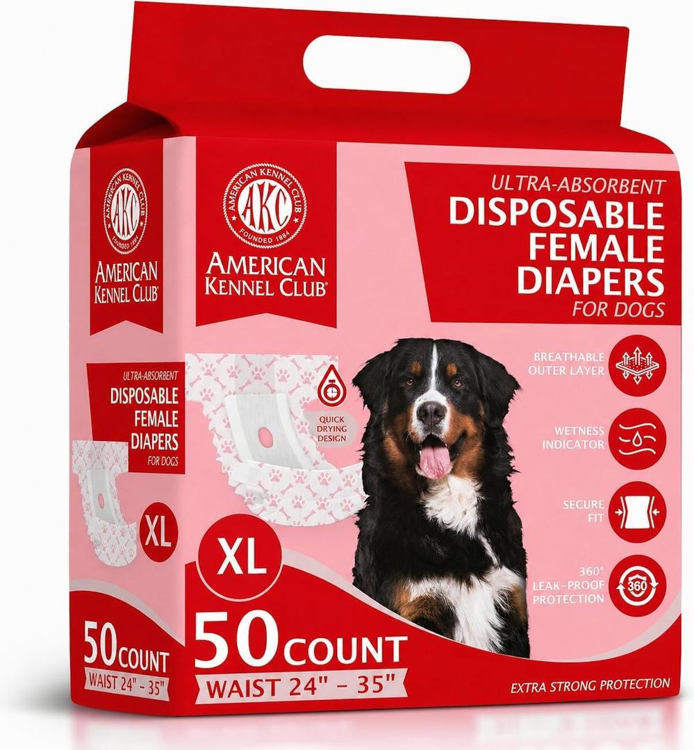 American Kennel Club Female Dog Wrap, Disposable Diapers with Wetness Indicator, (Extra Large Low Tail, 50, Count)