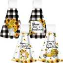 Sratte 4 Pcs Sunflower Hanging Kitchen Towels Hand Towels with Hanging Loop Summer Buffalo Plaid Gnomes Sunshine Dish Towels Bath Absorbent Oven Stove Wash Cloth for Home Decorative Housewarming Gift (Yellow)