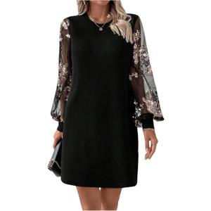 MakeMeChic Women's Summer Long Sleeve Floral Sheer Dress Wedding Guest Mesh Crew Neck Lace Black Mini Dresses, Size L