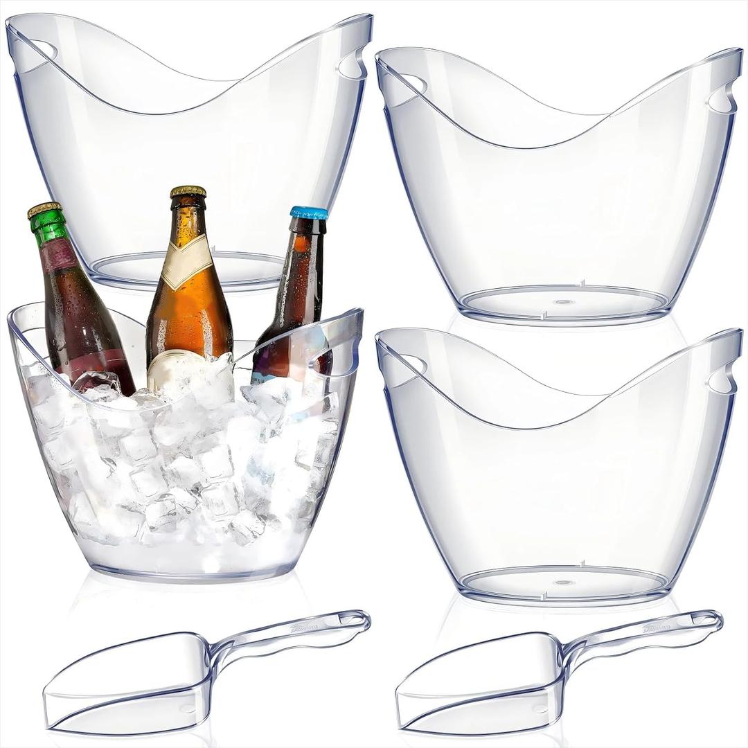Cunhill 6 Pieces Plastic Clear Ice Bucket with Scoops Clear Acrylic Ice Tub Plastic Wine Bucket Party Beverage Chiller Bin Parties Tub for Wine Champagne or Beer (4 Liters)