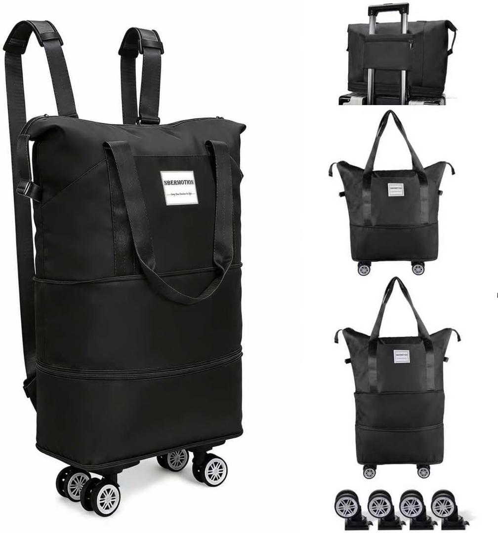 Expandable Rolling Duffle Bag - Large Carry-On With Spinner Wheels, Foldable Weekend Travel Bag, 28-58L CapacityBackpack-Black