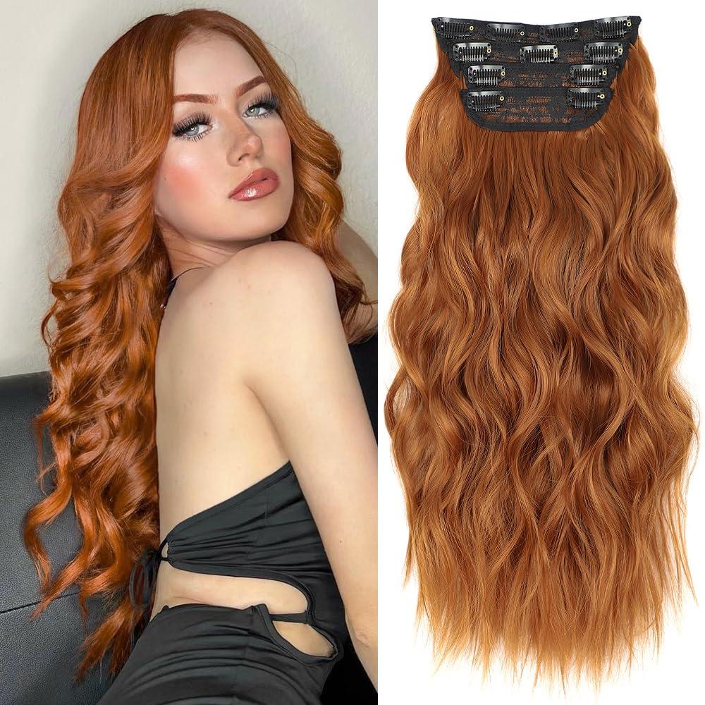 ALXNAN Clip in Hair Extension,Long Wavy Hair Extensions 24 Inch Orange Red 4PCS Thick Hairpieces for Women